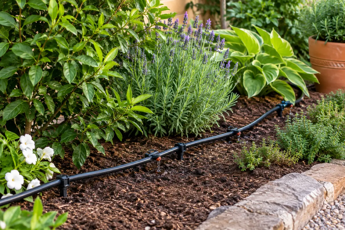 Conduites noires et sorties réglables d’un kit goutte à goutte installées dans un jardin planté.
