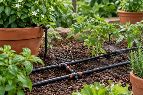 Kit d’irrigation goutte à goutte installé au pied de plantes, avec tuyaux et buses réglables visibles