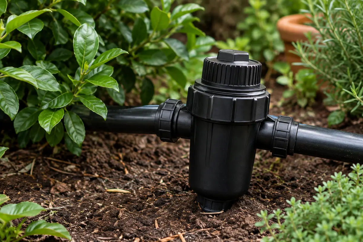 Filtre d’irrigation noir à tamis inox installé près d’une conduite dans un jardin soigné