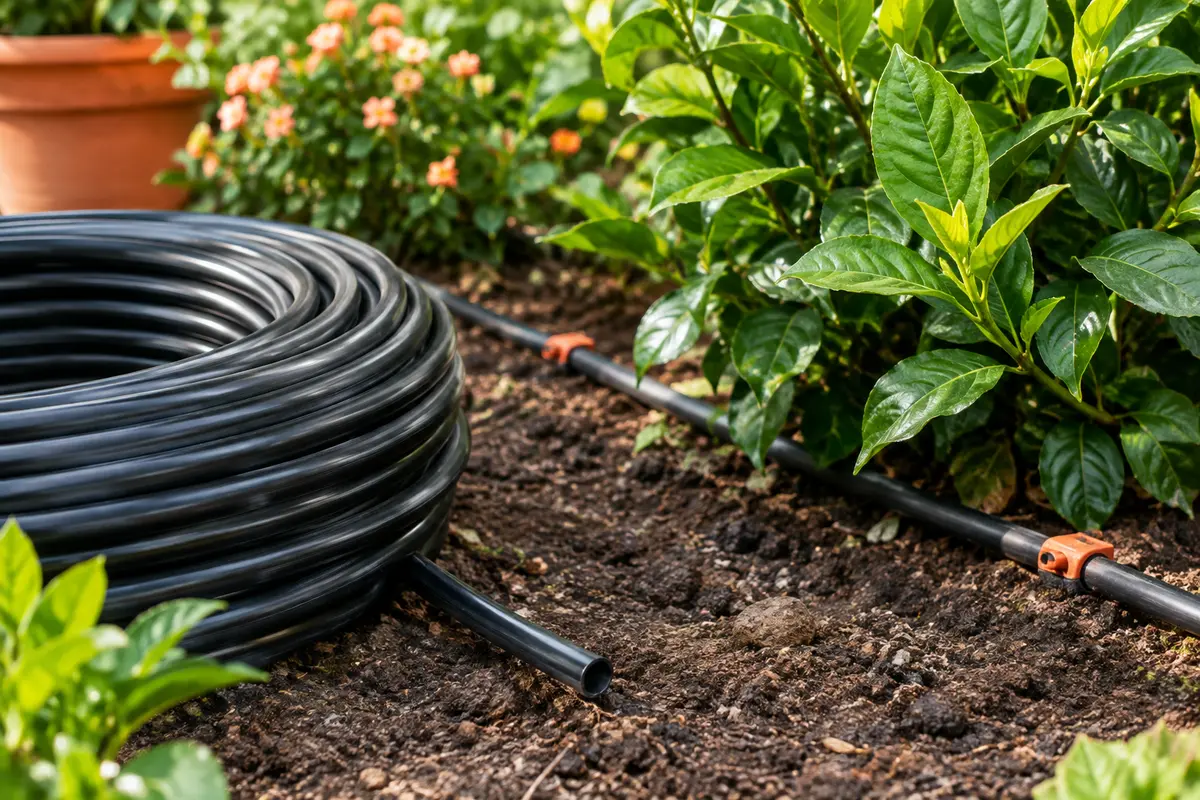 Rouleau de tuyau noir en polyéthylène posé près d’une conduite d’irrigation dans un potager.