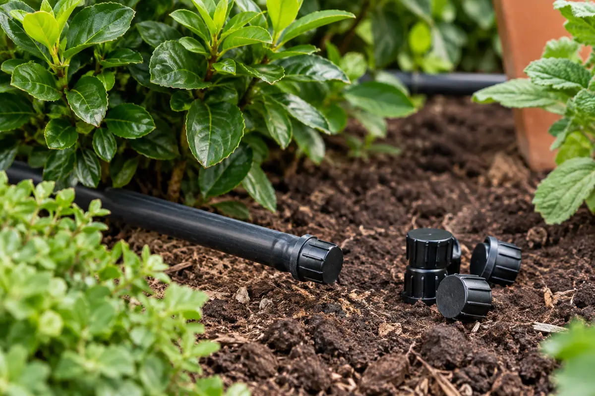 Bouchon noir en plastique posé au bout d’un tuyau d’irrigation dans un jardin