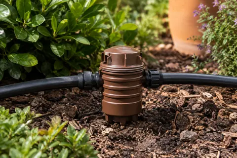 Filtre annulaire marron raccordé à une conduite noire dans un jardin avec feuillages et terre brune.