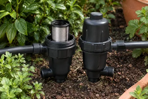 Deux filtres d’irrigation noirs près d’une conduite, avec un tamis intérieur en acier inoxydable visible