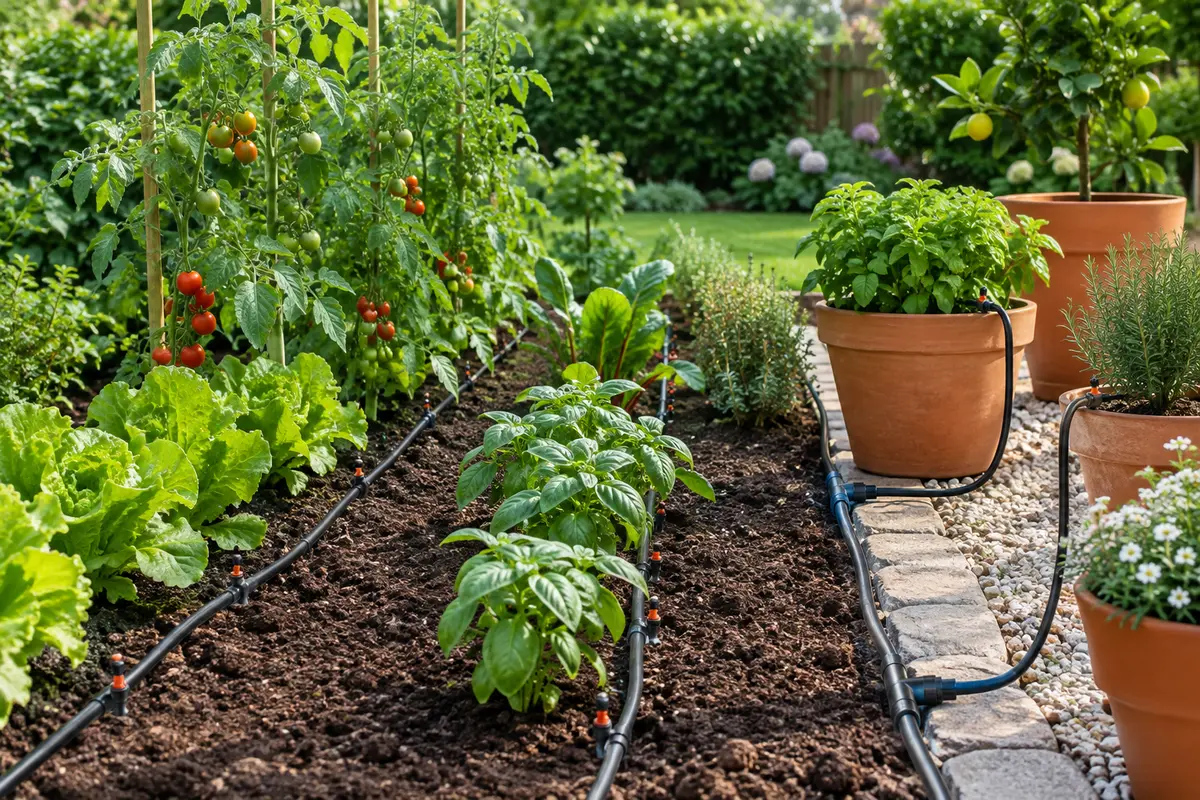 Réseau d’irrigation goutte à goutte noir installé au pied de plantes dans un potager soigné
