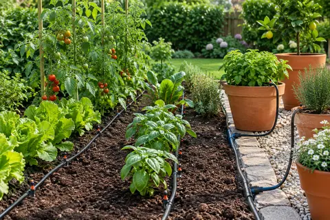 Réseau d’irrigation goutte à goutte noir installé au pied de plantes dans un potager soigné