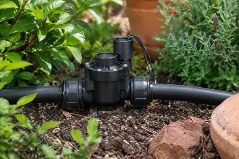 Électrovanne Rain Bird noire à couvercle vissé installée près de conduites d’arrosage dans un jardin