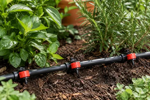 Goutteurs d’irrigation rouges et noirs montés sur une conduite au pied de plantes dans un jardin