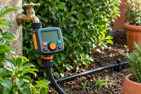 Programmateur numérique de robinet installé sur une conduite d’arrosage près d’un massif feuillu.