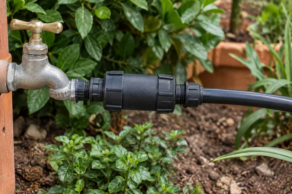Régulateur noir à raccords filetés monté près d’une conduite goutte à goutte dans un jardin