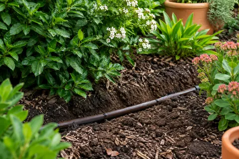 Tuyau goutte-à-goutte brun installé sous la terre au pied de plantations dans un jardin soigné.
