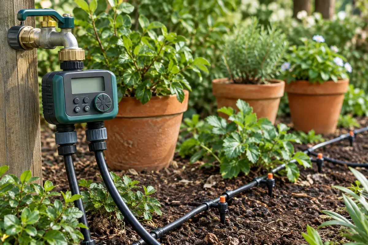Programmateur d’arrosage à deux voies installé sur un robinet près d’un réseau goutte à goutte