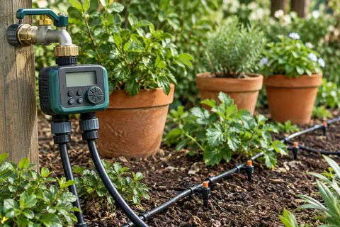Programmateur d’arrosage à deux voies installé sur un robinet près d’un réseau goutte à goutte