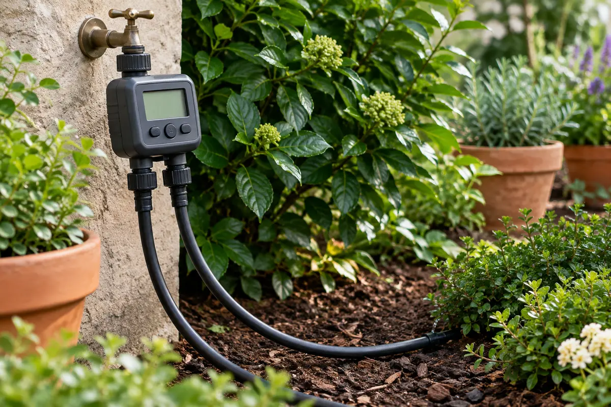 Programmateur d’arrosage à écran LCD monté sur un robinet et relié à deux conduites dans un jardin