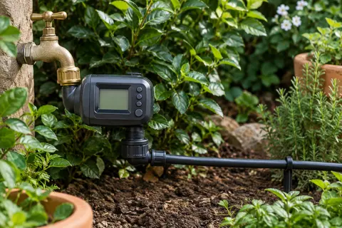 Programmateur Rainfactory à écran LCD raccordé à un robinet et à une conduite goutte à goutte