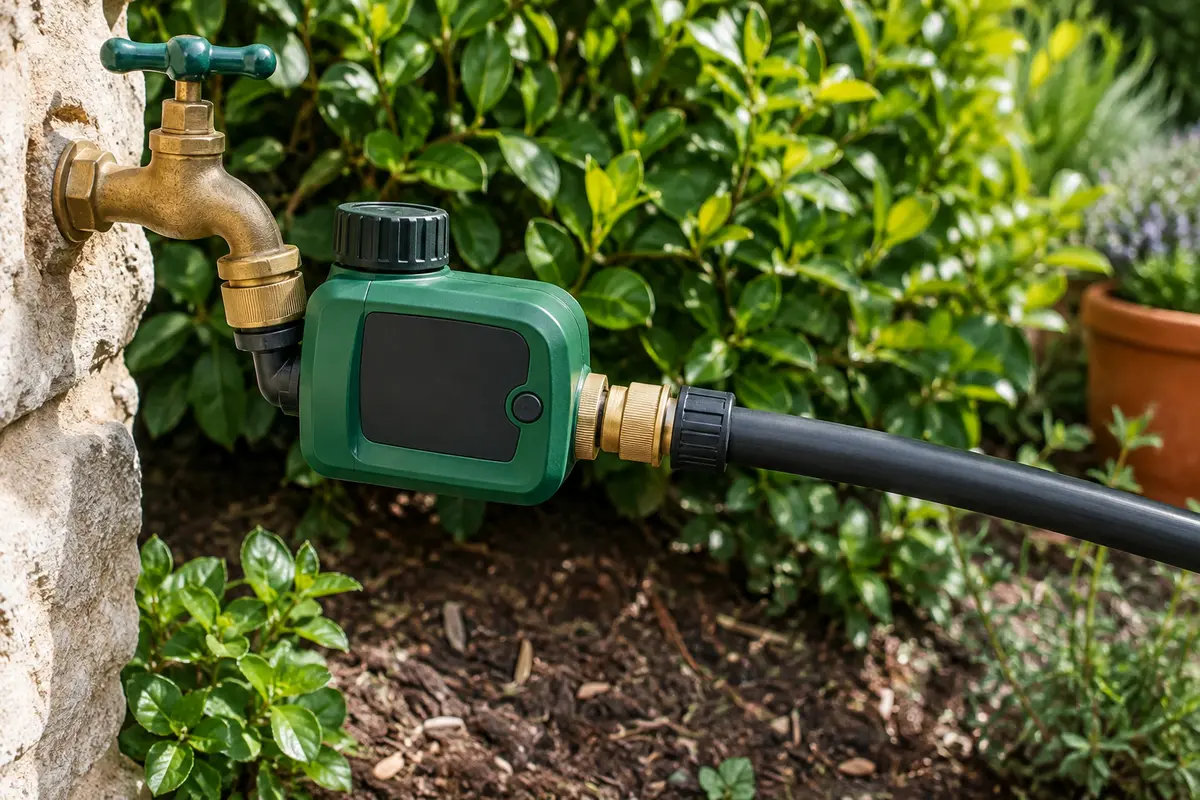 Programmateur d’arrosage vert avec raccords en laiton installé sur une conduite dans un jardin.