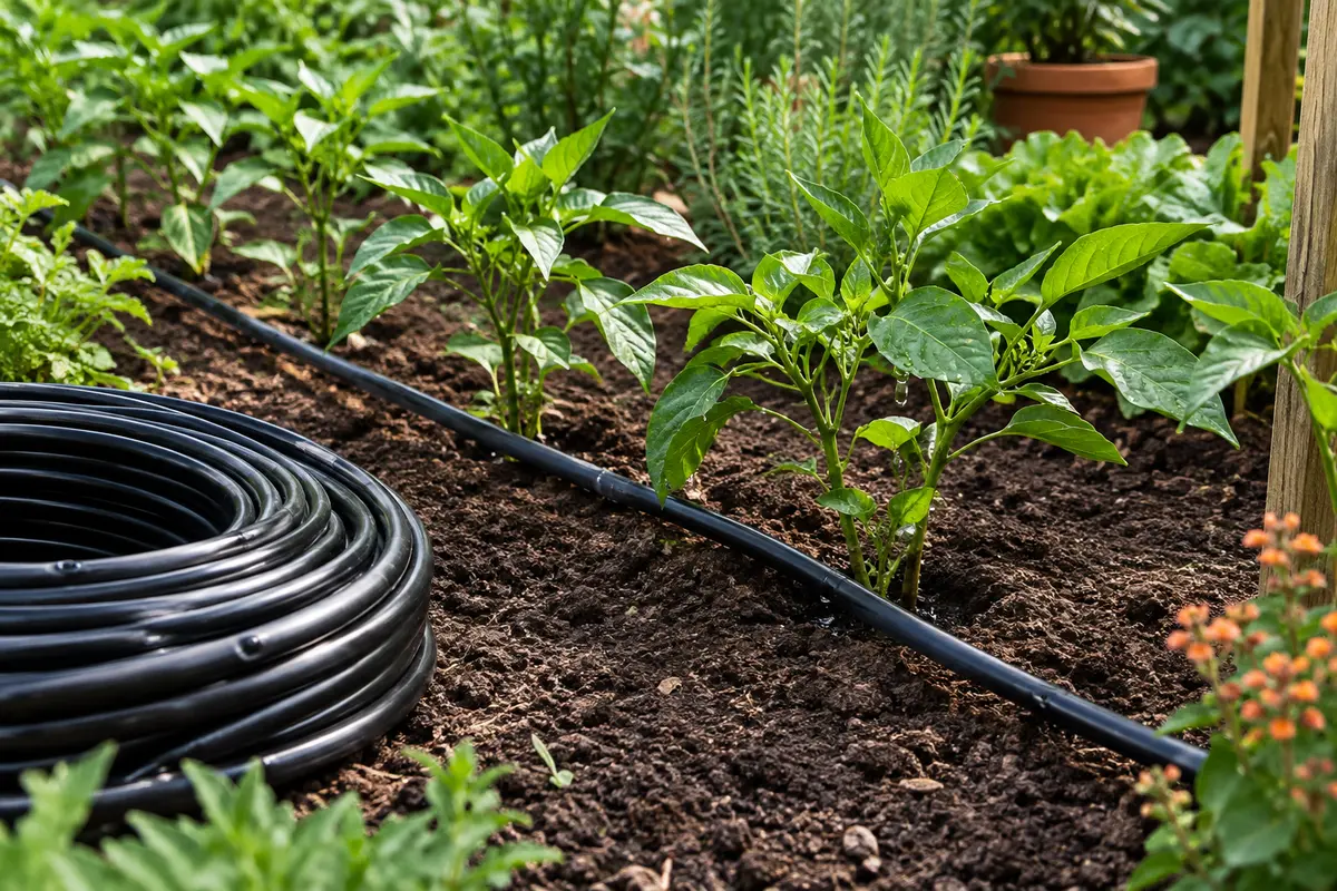 Tuyau noir à goutteurs intégrés posé le long d’une rangée de plantes dans un jardin