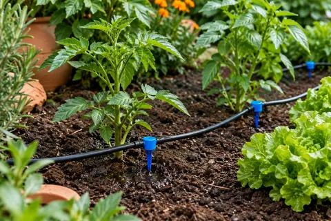 Goutteurs d’irrigation bleus reliés à des microtubes noirs au pied de plantations dans un jardin