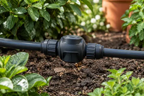 Réducteur de pression Riegopro raccordé à une conduite d’arrosage goutte à goutte dans un jardin.