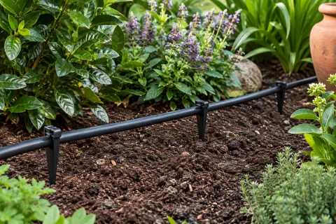 Piquets de fixation en plastique maintenant une conduite de goutte à goutte sur la terre d’un jardin.