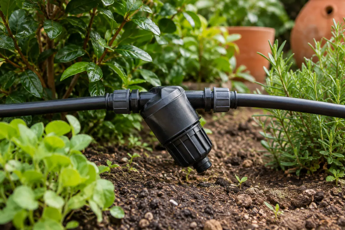Filtre d’irrigation noir installé en ligne sur une conduite de 16 mm au jardin
