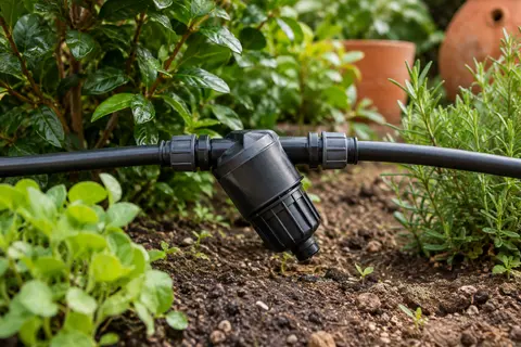Filtre d’irrigation noir installé en ligne sur une conduite de 16 mm au jardin