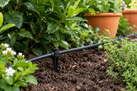 Connexion noire S&M fixant un microtube de 4 mm dans la terre d’un jardin planté.
