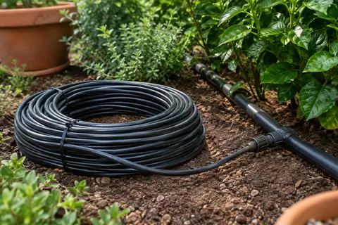 Tuyau noir d’irrigation en PE déroulé près d’une conduite dans un jardin planté.