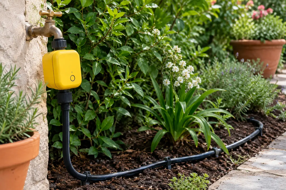 Programmateur d’arrosage connecté jaune relié à une conduite noire dans un jardin planté.