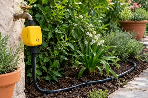 Programmateur d’arrosage connecté jaune relié à une conduite noire dans un jardin planté.