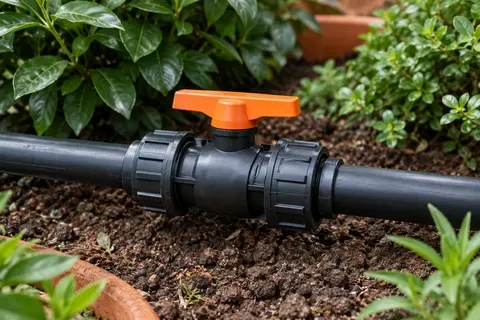 Vanne à boisseau sphérique pour tuyau PE de 20 mm installée sur une conduite d’arrosage au jardin