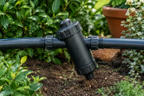 Filtre d’irrigation noir à maille inox installé sur une conduite dans un jardin soigné