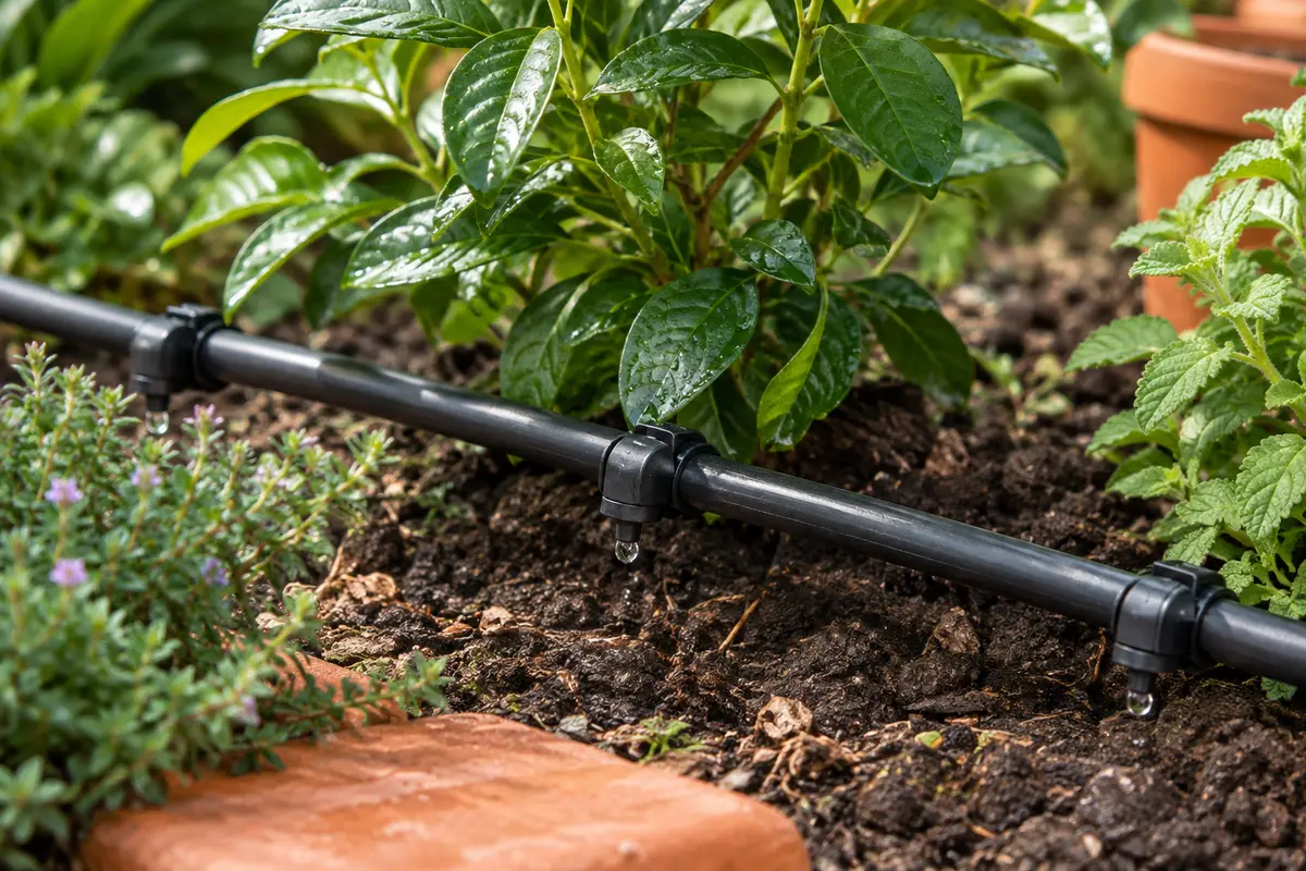 Goutteurs d’irrigation noirs installés sur une conduite près de plantes dans un jardin
