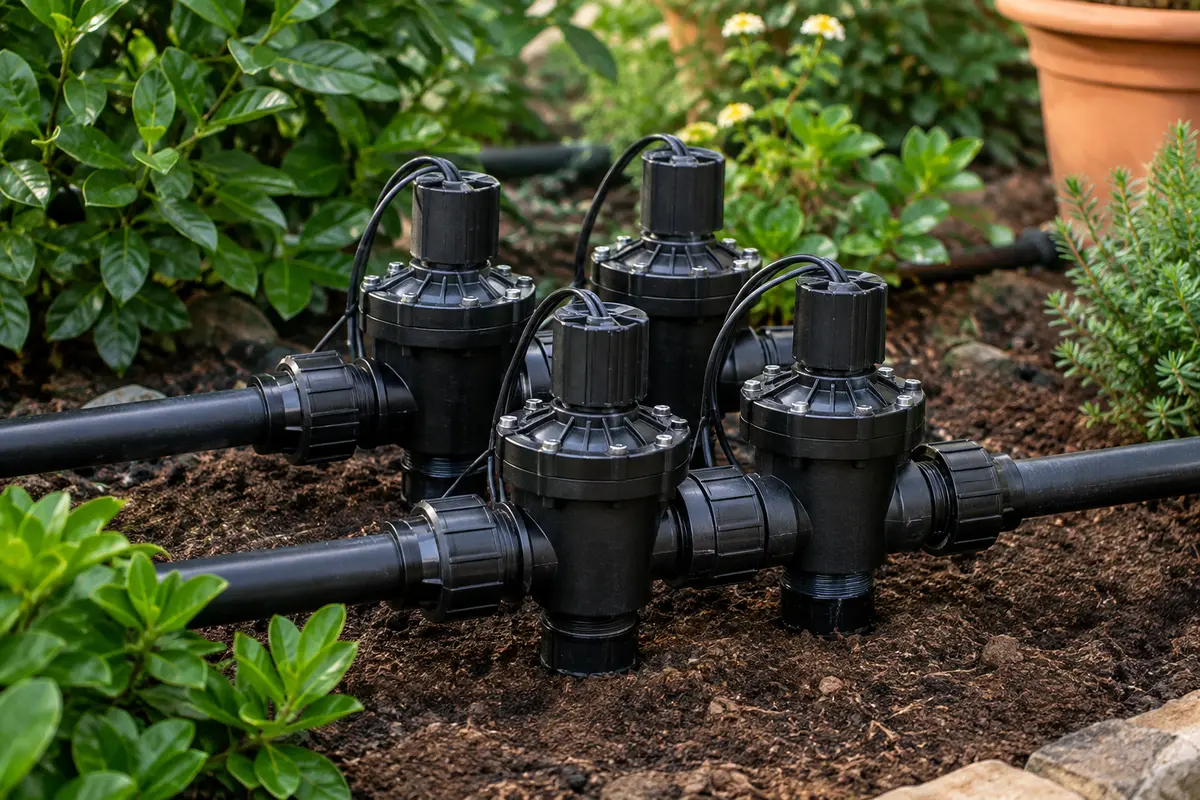 Lot de quatre électrovannes d’irrigation noires en PVC près de conduites dans un jardin