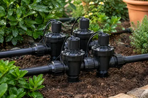 Lot de quatre électrovannes d’irrigation noires en PVC près de conduites dans un jardin