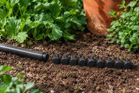 Conduite goutte à goutte noire fermée par un bouchon de fin de ligne, neuf bouchons noirs alignés à côté sur la terre