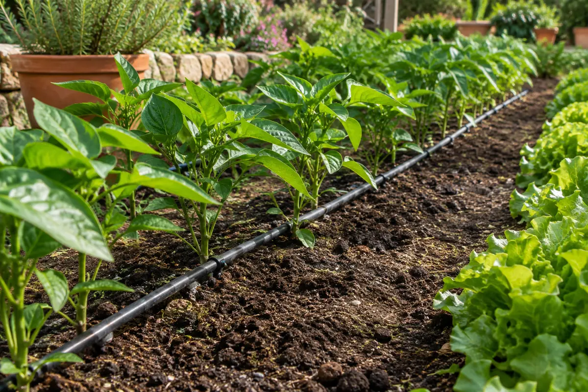 Tuyau d’irrigation noir en polyéthylène posé le long de plantes dans un jardin
