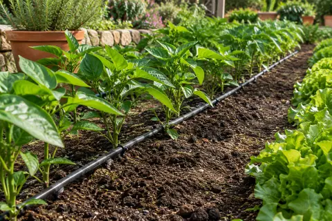 Tuyau d’irrigation noir en polyéthylène posé le long de plantes dans un jardin