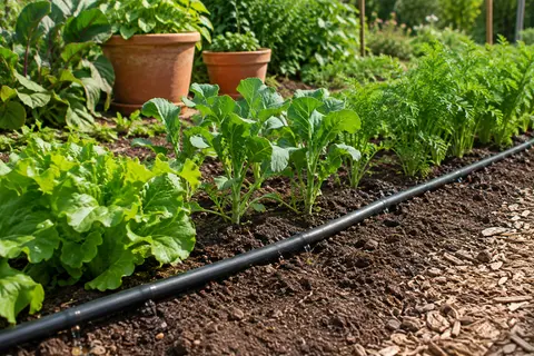 Tuyau noir à goutteurs intégrés installé au pied de rangs de légumes dans un potager