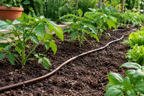 Tuyau goutte-à-goutte marron à goutteurs intégrés posé au pied de plantations dans une planche de jardin.