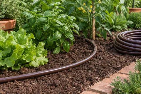 Tuyau d’irrigation en polyéthylène marron déroulé au bord d’un potager soigné