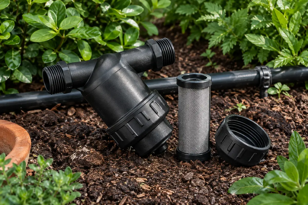 Filtre d’irrigation noir en Y et tamis inox près d’une conduite goutte à goutte dans un jardin.
