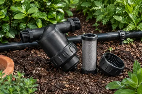 Filtre d’irrigation noir en Y et tamis inox près d’une conduite goutte à goutte dans un jardin.