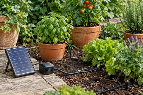 Kit d’arrosage solaire avec tuyau et goutteurs installés auprès de plantes en pots dans un jardin