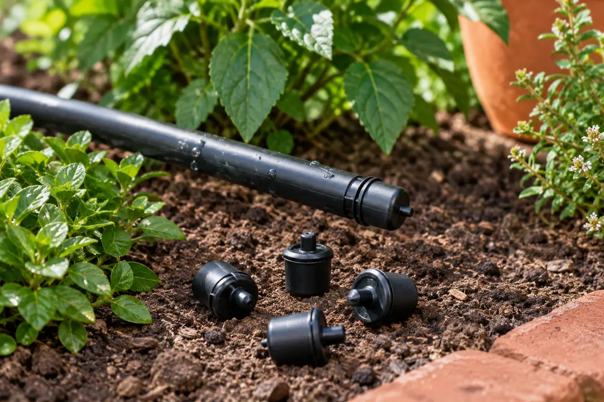 Bouchons terminaux noirs en plastique près d’une conduite d’arrosage goutte à goutte au jardin