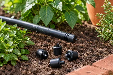 Bouchons terminaux noirs en plastique près d’une conduite d’arrosage goutte à goutte au jardin