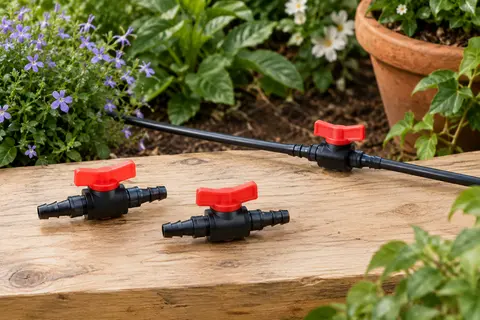 Petites vannes à poignée rouge sur une planche en bois, dont une montée entre deux microtubes fins