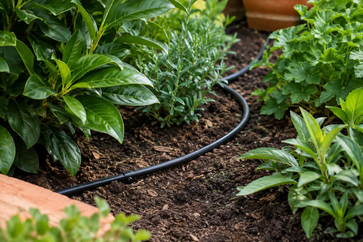 Microtube d’irrigation noir installé dans la terre au pied de plantes d’un massif de jardin