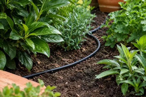 Microtube d’irrigation noir installé dans la terre au pied de plantes d’un massif de jardin