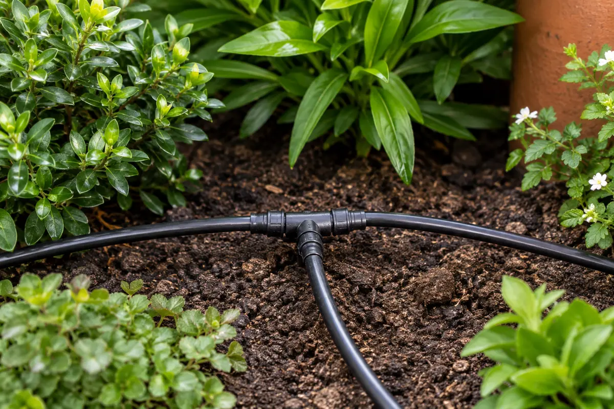 Raccord en T noir relié à des microtubes dans un massif de jardin