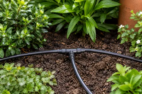 Raccord en T noir relié à des microtubes dans un massif de jardin